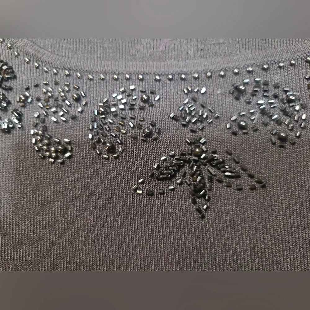 Black Long Sleeve Silk Blend Top with Beaded Detail
